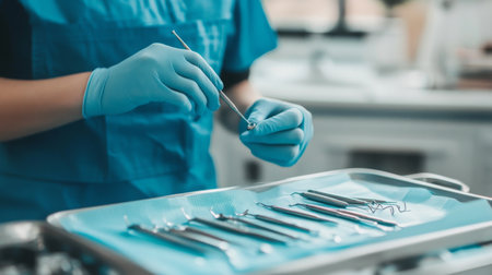 Dental professional preparing instruments in a clinic during a routine appointmentの素材