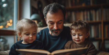 Grandfather reads a story to his grandchildren in a cozy living room during a quiet afternoon. Generative AIの素材