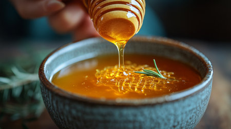 Pouring golden honey from a wooden dipper into a rustic bowl with a sprig of rosemary on a textured wooden backdrop. Generative AIの素材