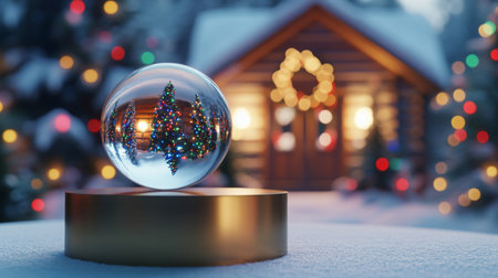 A snow globe sits on a golden base in the snowの素材