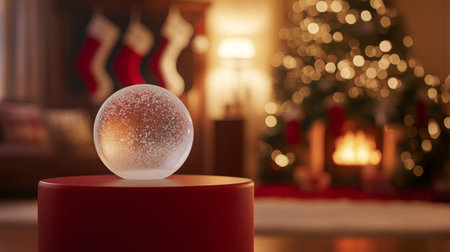 A delicate snow globe sits atop a red pedestal in a cozy living room adorned for Christmasの素材