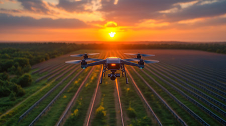 Drone flying over a sunlit agricultural field during sunset, capturing vibrant colors and patterns in the crops below. Generative AIの素材