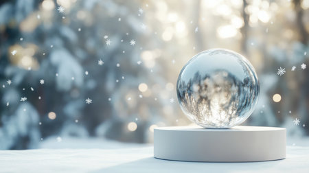 A glass ball on white platform in the snow, with a snowy forest blurred in the backgroundの素材