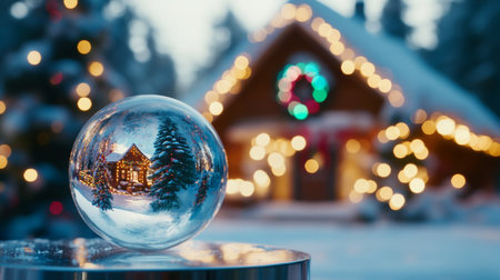 A snow globe captures a cozy winter cabin with festive lights and a Christmas treeの素材
