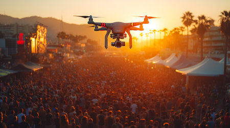 Crowd gathered at sunset while a drone captures the lively atmosphere of a vibrant outdoor event in California. Generative AIの素材