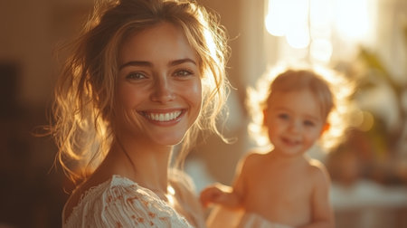 A mother joyfully holding her baby in a sunlit room during a warm afternoon, capturing a moment of love and happiness. Generative AIの素材