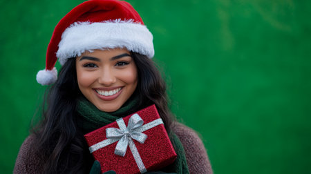 Joyful woman in Santa hat holds wrapped gift against green background during winterの素材