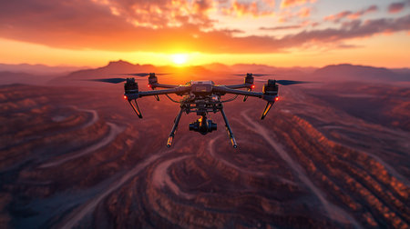 Drone capturing breathtaking sunset over rugged mountains and winding river, showcasing natures beauty at dusk. Generative AIの素材