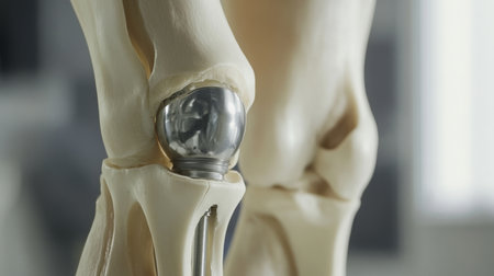 Detailed view of a knee joint model illustrating prosthetic implant in a clinical settingの素材