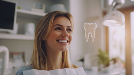 Inside a bright dental clinic, a young woman beams with joy while holding a dental bibの素材