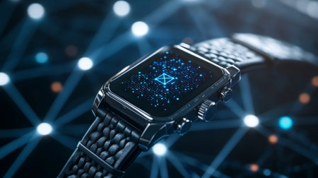 A sleek smartwatch displaying a digital interface with network of connected nodes at nightの素材
