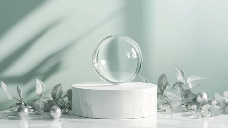 A glass sphere sits on a white pedestal surrounded by silver ornaments and greeneryの素材