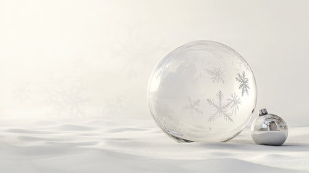 Elegant glass Christmas ornaments on a snowy white surface during winter celebrationsの素材