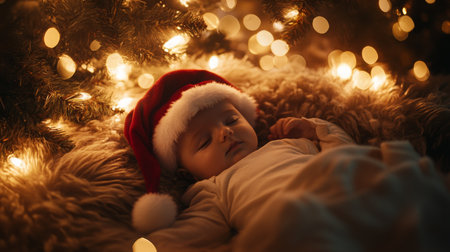 A sleeping baby in a Santa hat under a twinkling Christmas tree at nightの素材