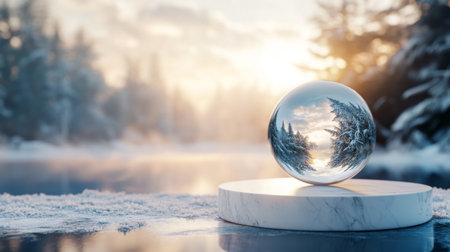A crystal sphere reflects a snowy landscape at dawn near a frozen lake surrounded by treesの素材