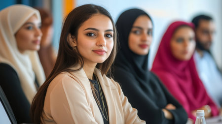 Diverse group of women engaged in discussion at a professional seminar in conference roomの素材