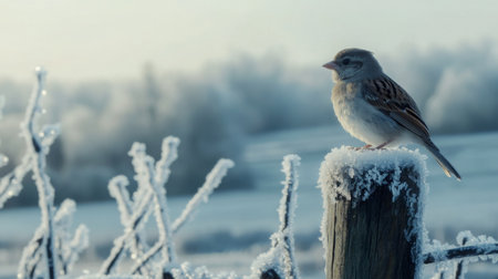 A sparrow perched on a frosty post in a tranquil winter landscape at dawnの素材