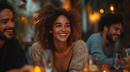 A joyful gathering of friends enjoying a cozy evening at a restaurant with candlelight and laughter in the atmosphere. Generative AIの素材