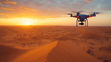 A drone captures breathtaking aerial views over a vast desert landscape during a vibrant sunset, showcasing natural beauty. Generative AIの素材