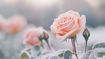 Frost-covered pink roses blooming in a winter garden at sunriseの素材