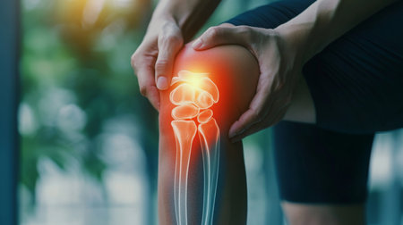 Person experiencing knee pain while holding their joint in a clinical settingの素材