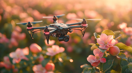 Drone capturing images of blooming flowers in an orchard during golden hour photography in spring. Generative AIの素材