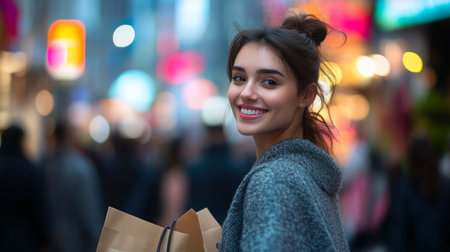Young woman smiling while shopping in a vibrant city street at night with colorful lightsの素材
