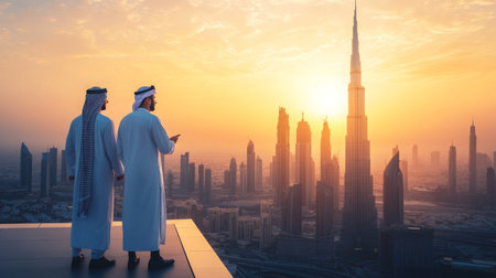 Two men admiring the breathtaking sunset over Dubais skyline with the Burj Khalifaの素材