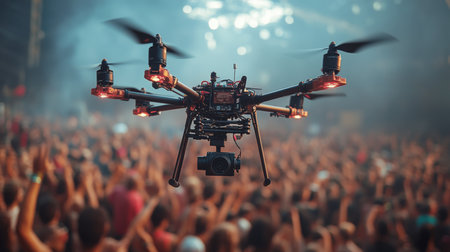 Drone captures dynamic aerial view of an energetic crowd during an outdoor music festival in the summer evening light. Generative AIの素材