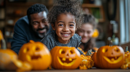 Family celebrates Halloween with laughter as they carve pumpkins at home in the cozy autumn afternoon light. Generative AIの素材