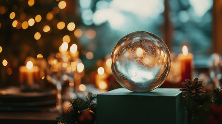 Decorative glass orb placed on a table adorned for a festive winter celebrationの素材