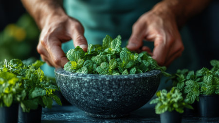 Fresh mint harvesting in a kitchen during daylight with hands gently placing leaves in a stone bowl for culinary preparation. Generative AIの素材