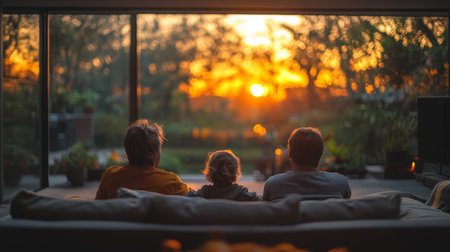 Family enjoying a sunset together in a cozy living room with large windows overlooking nature in the evening. Generative AIの素材