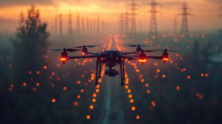 Aerial view of a drone flying at sunset over a power line landscape with glowing lights in the background and a tranquil atmosphere. Generative AIの素材