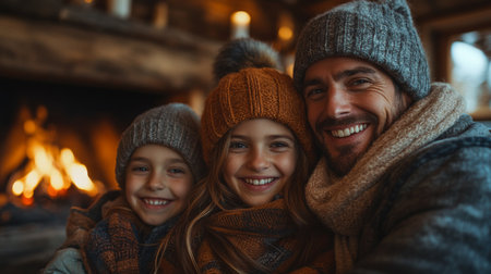 A cozy family moment by the fireplace during winter, featuring a father and his two children in warm knit hats and scarves. Generative AIの素材
