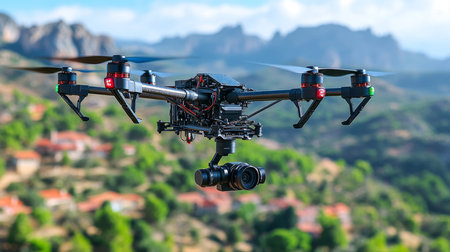 Advanced drone capturing aerial views over picturesque hills and homes in a rural landscape during a bright sunny day. Generative AIの素材