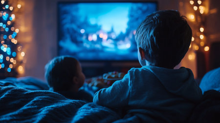 Children watching a festive movie on a cozy evening surrounded by Christmas lights in a warm living room setting. Generative AIの素材