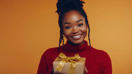Cheerful person celebrating gift-giving occasion with a beautifully wrapped presentの素材
