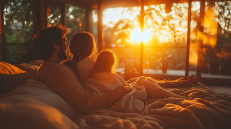 Family enjoying a cozy evening together while watching the sunset from a warm, comfortable bed in a sunlit room. Generative AIの素材