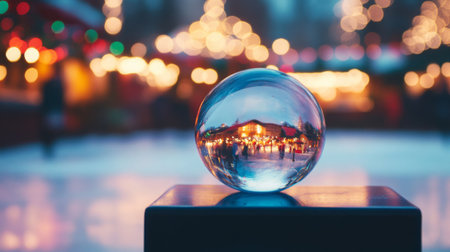 A crystal ball reflects a festive market during the winter holiday season at duskの素材