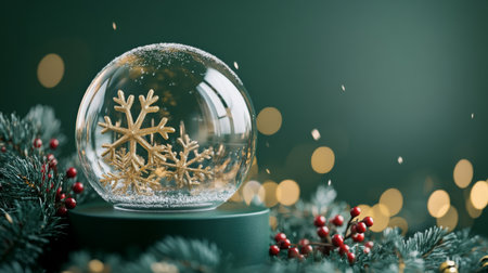 A beautiful snow globe featuring intricate snowflakes surrounded by festive decorationsの素材