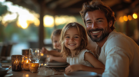 Cheerful father and daughter enjoying a cozy dinner at sunset with warm candlelight outdoor in a relaxed setting. Generative AIの素材