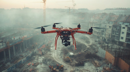 Drone surveying construction site in urban area during early morning with fog and cranes visible in distance. Generative AIの素材