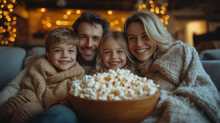 Family enjoying popcorn together on a cozy evening by the fireplace during the holiday season. Generative AIの素材