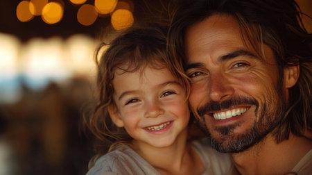 A joyful moment between a father and daughter in a warm, softly lit environment during a sunset gathering. Generative AIの素材