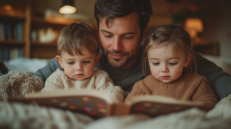 Father reading a book to his two young children in a cozy living room on a chilly day. Generative AIの素材