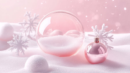 Soft pink Christmas decorations amidst snowy winter scenery creating a festive atmosphereの素材