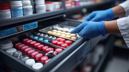 Pharmacist organizing medication in a pharmacy cabinet during a busy day in the drugstore setting. Generative AIの素材