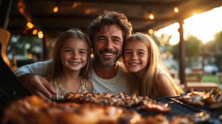 Family barbecue gathering in the evening with a cheerful father and his two daughters enjoying grilled food outdoors. Generative AIの素材