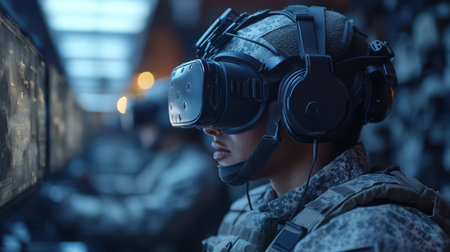 Soldiers training with advanced virtual reality equipment during nighttime exercises at a military facility. Generative AIの素材